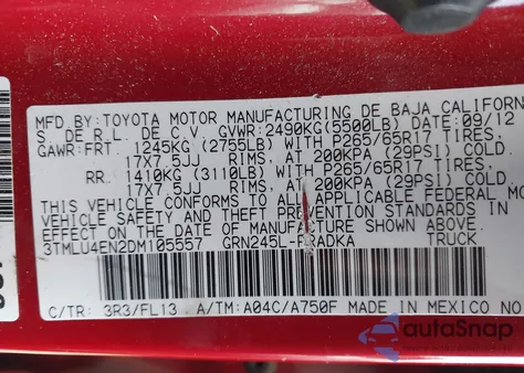 2013 Toyota Tacoma Base V6 z USA, uszkodzony, nr VIN 3TMLU4EN2DM105557